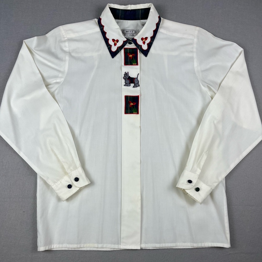 Rare Vintage Witt White Long Sleeve Shirt Embroidered Schnauzer Dog & Floral